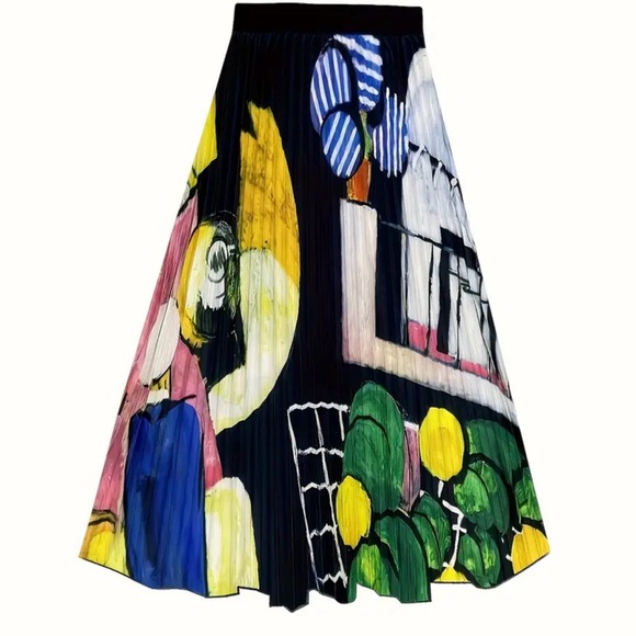 Geometric Print High-Waist A-Line Pleated Skirt - Picture 8 of 9